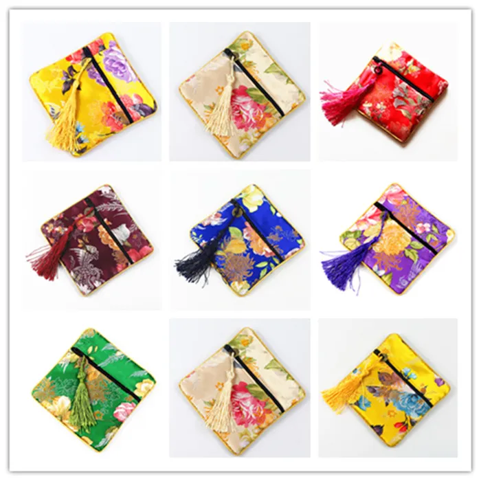 Bronzing Flower Small Silk Brocade Bag Zipper Gift Packaging Tassel China Coin Purses Jewelry Bracelet Bangle Storage Pouch Weddin214m