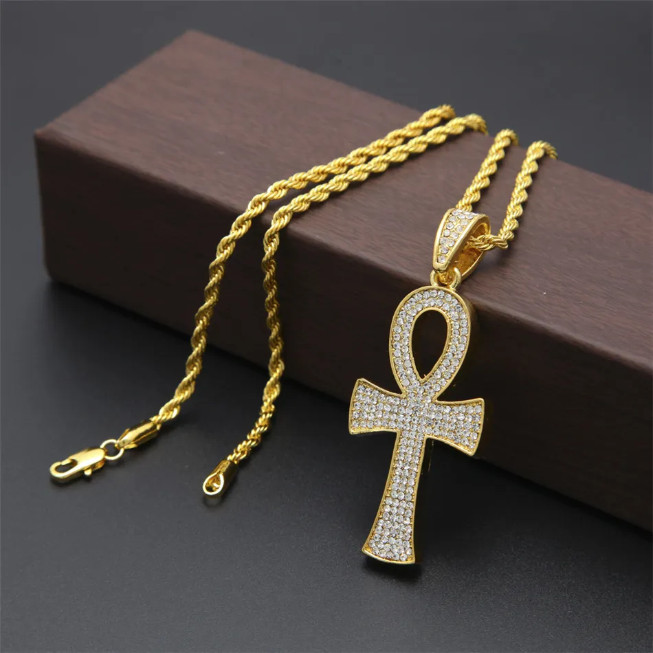 Ankh égyptien clé de vie or argent croix pendentif collier chaîne Bling plein strass cristal croix pendentif Punk Jewelry291u