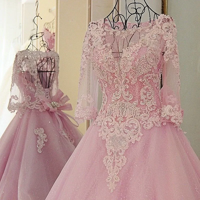 Pink Ball Gown Sexy Colorful Wedding Dresses With 3/4 Sleeves Beaded Lace Appliques Corset Back Non White Wedding Gowns Couture Custom Made