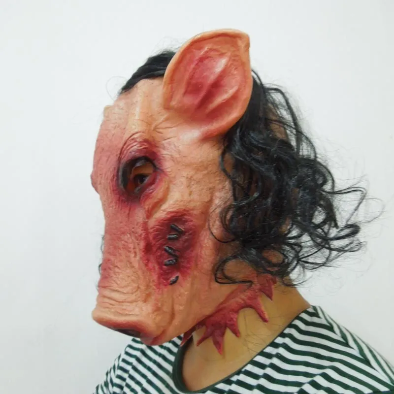 Máscaras de festa Whole-Scary Roanoke Pig Máscara Adultos Rosto Cheio Animal Látex Halloween Horror Masquerade com Cabelo Preto H-0061264E