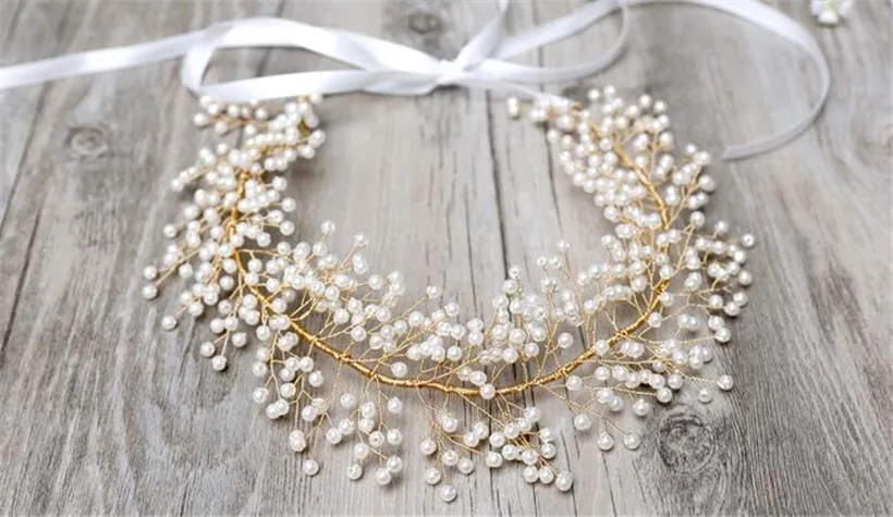 Vintage Wedding Bridal Crystal Rhinestone Headband Ribbon Pearl Headpiece Hair Band Gold Accessories Jewelry Crown Tiara Princess Queen Band