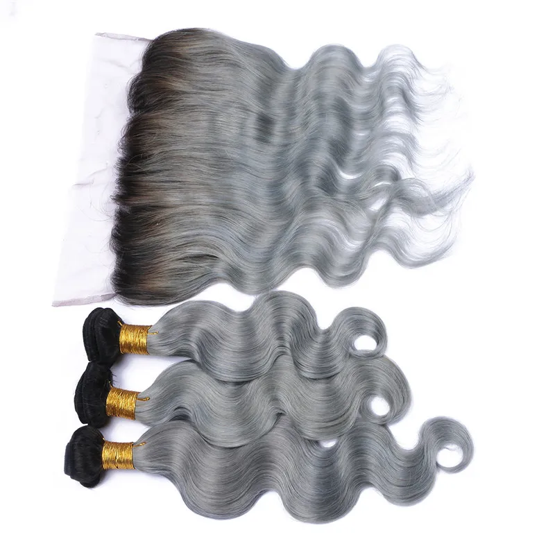 #1B/Grey Ombre Brazilian Virgin Hair 3Bundles With Frontal Dark Roots Silver Grey Ombre 13x4 Lace Frontal With Body Wave Human Hair Wefts