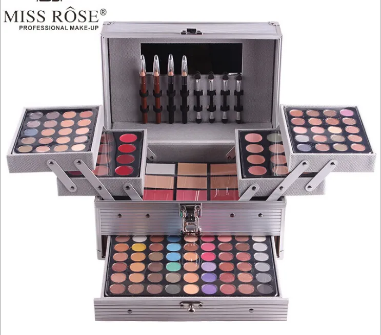 Wholesale- Miss Rose professional makeup set box in Aluminum three layers glitter eyeshadow lip gloss blush for makeup Train Cases
