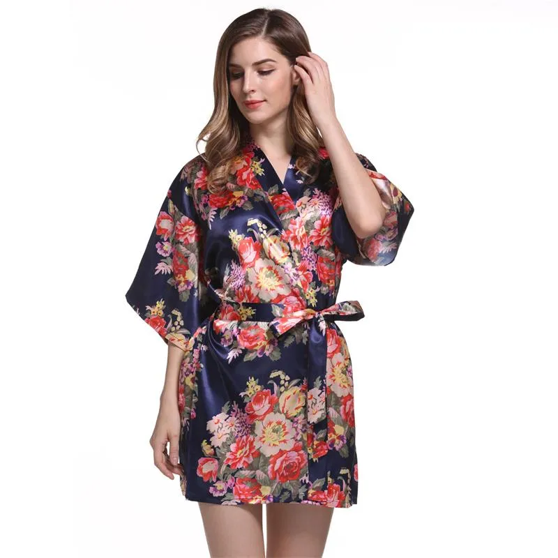 Satin Wedding Bride Bridesmaid Robe Floral Bathrobe Flower Print Kimono Robe Dressing Night Gown For Women