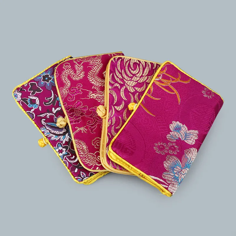 Lujo floral portátil plegable joyería rollo de viaje bolsa de almacenamiento chino estilo seda brocado 2 cremallera envasado bolsa
