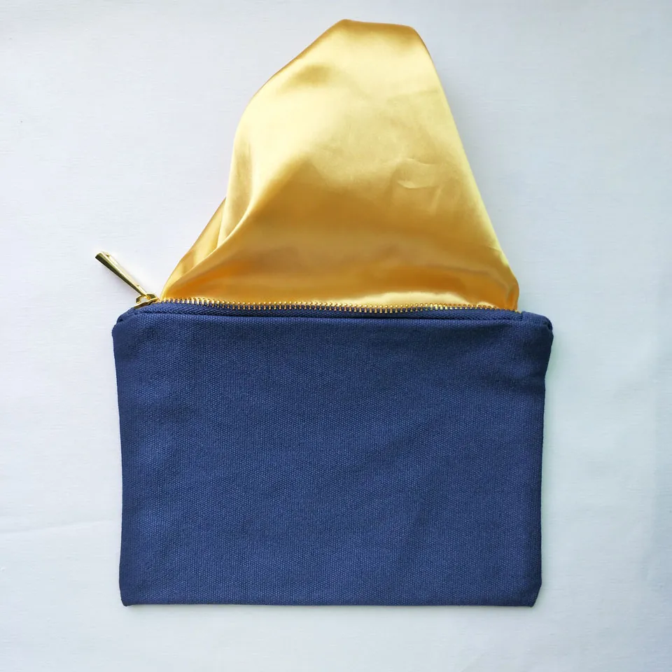 6x9in Blank Blank 12oz Navy Cotton Canvas de maquiagem Saco de maquiagem com metal dourado lingonizador de ouro sólido fábrica de bolsas de lona azul azul marinho em stoc215z