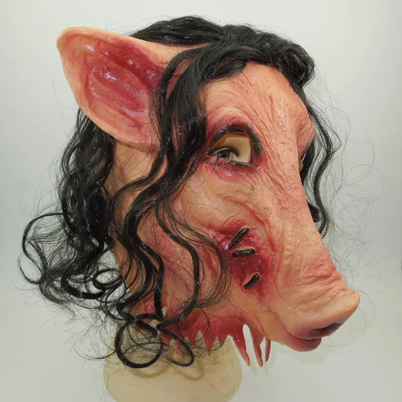 Maschere feste Maschera di maiale Roanoke intera-spaventosa Adulti Full Face Animal Latex Halloween Horror Masquerade con capelli neri H-0061280V