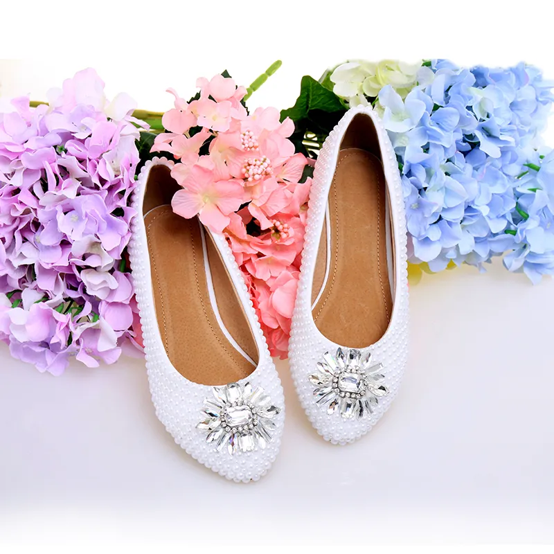 Chaussures de mariage à talons plats en perles blanches, chaussures confortables de demoiselle d'honneur, robe formelle de mariée, chaussures de danse de bal de promo 3111