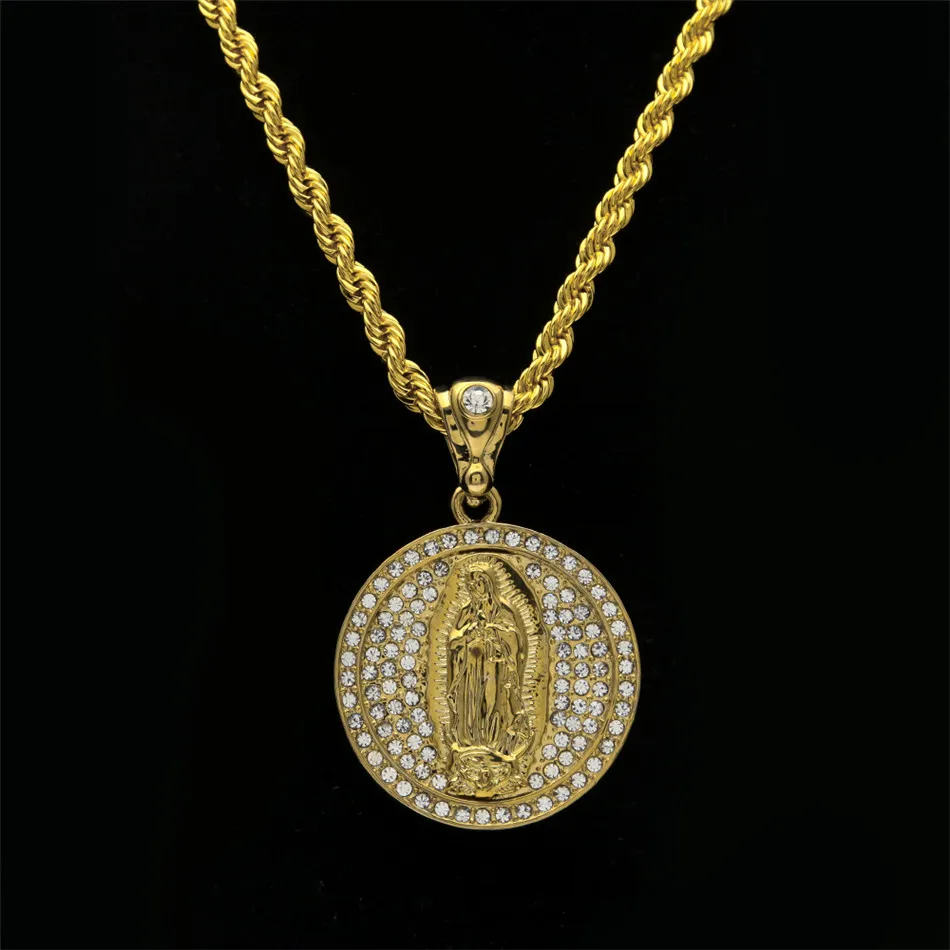 Mężczyźni Women Virgin Mary Wisel Hip Hop Biżuteria Out Bling Bling Rhinestone Crystal Gold Gold Kolor Naszyjnik 1856