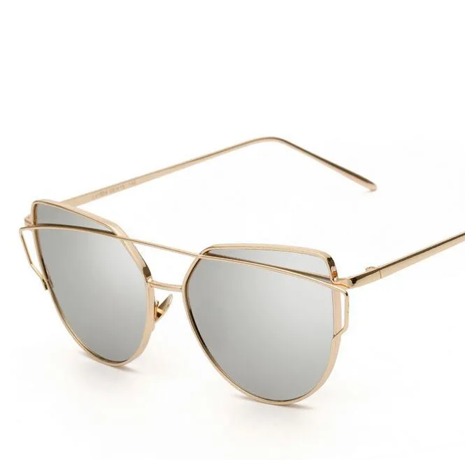 Mode Frauen Cat Eye Sonnenbrille Flache Linse Spiegel Marke Stil Metall Rahmen Übergroße Reflektierende Sonnenbrille 12 stücke 251h