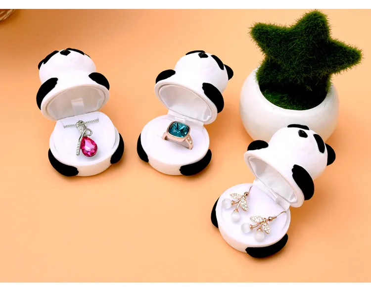 단순한 7 개의 귀여운 동물 반지 상자 플라스틱 플록 킹 보석 디스플레이 귀 스터드 케이스 흑백 팬더 컨테이너 223j