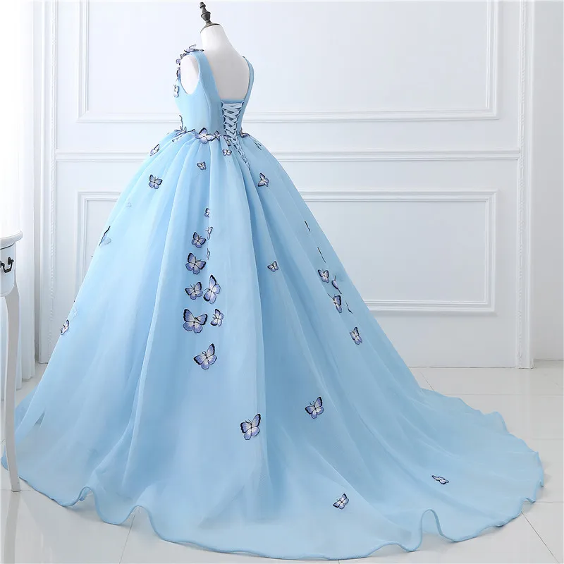 Stock V-neck Butterfly Flowers Ball Gowns Long Prom Dress Blue Prom Dress Puffy High Quality Event Gowns US2 4 6 8 10 12 14 16