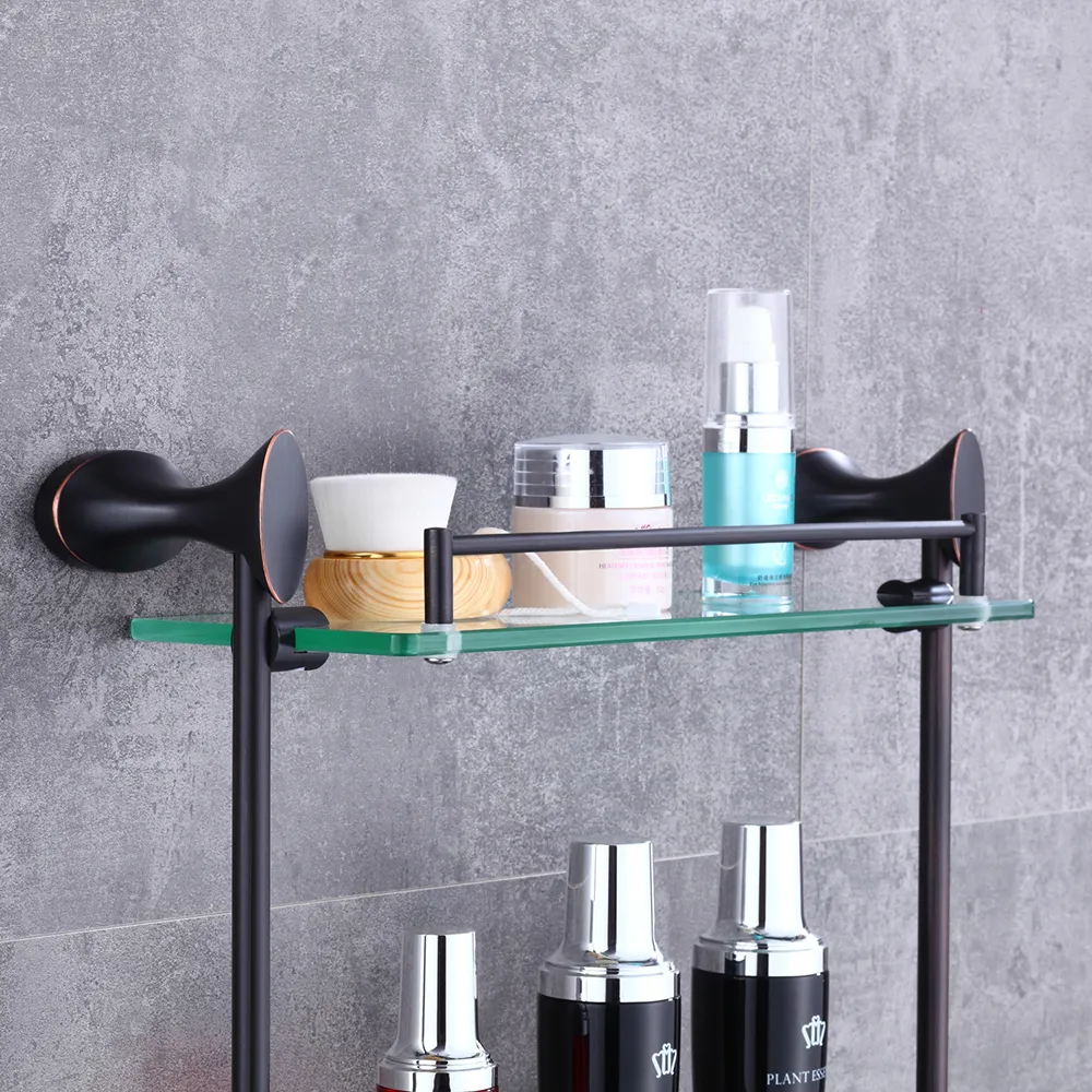 Estante de baño de vidrio bronce frotado con aceite montado en la pared, barra de toalla de doble palanca, almacenamiento de estante de toalla, 190u