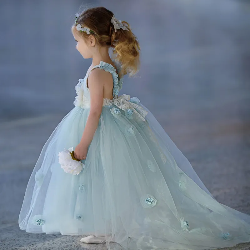 Lovely Baby Blue Princess High Low Flower Girls Dresses Spaghetti Strap Hand Flower First Communion Gown Tulle Pageant Dress For Children