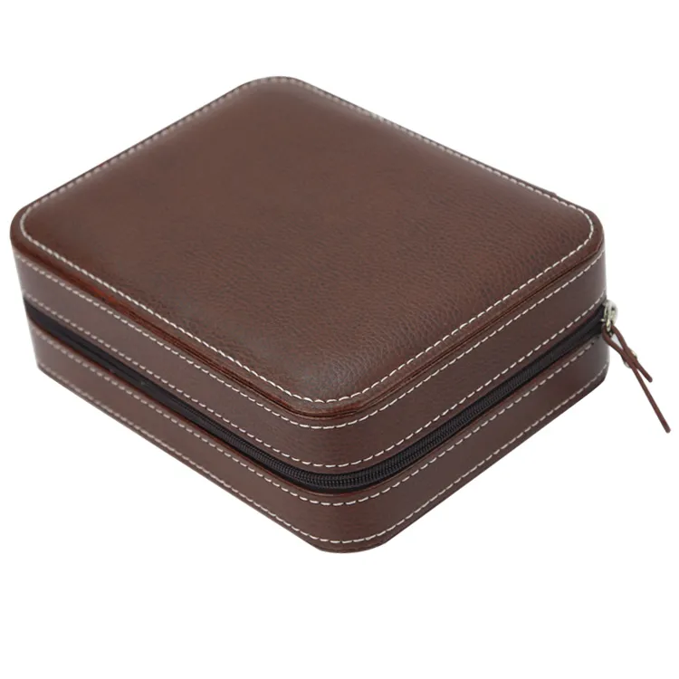 Luxury Brown dragkedja Sport Storage Watch 4 Case Organizer Leather Watch Travel Case för fyra klockor Velvet foder hela boxen215m