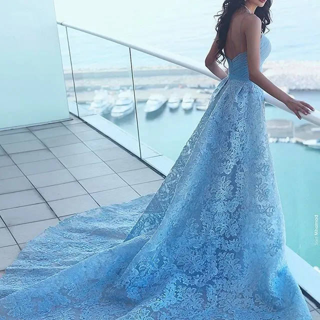 Light Sky Blue Spaghetti Lace Evening Dresses 2017-2018 Sexy A Line Prom Gowns Chiffon Ruffles Top Sweep Train Formal Party Dress