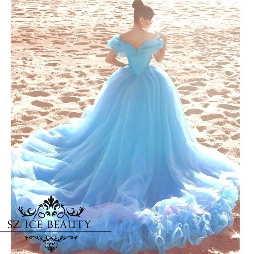 Cinderella Light Blue Wedding Dresses Cheap Crystal Ball Gown Off Shoulder Beads Court Train Bridal Dress