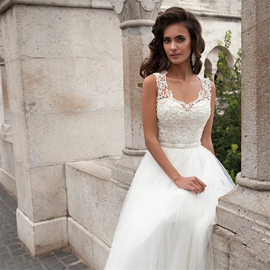 Simple Lace Tulle Wedding Dresses 2019 Scoop A-Line Dresses Open Back Bridal Dress Robe De Mariage Wedding Gowns With Sash Vestido De Novia