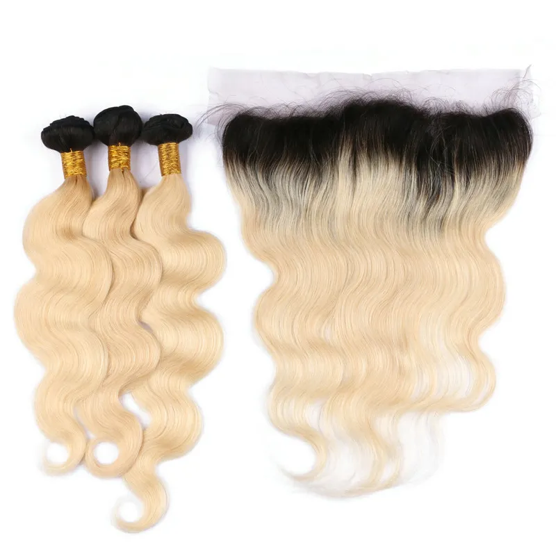 Wholesale 1B/613 Two Tone Ombre Virgin Hair With Frontal Closure Body Wave Blonde Ombre 13x4 Full Lace Frontal With Bundles