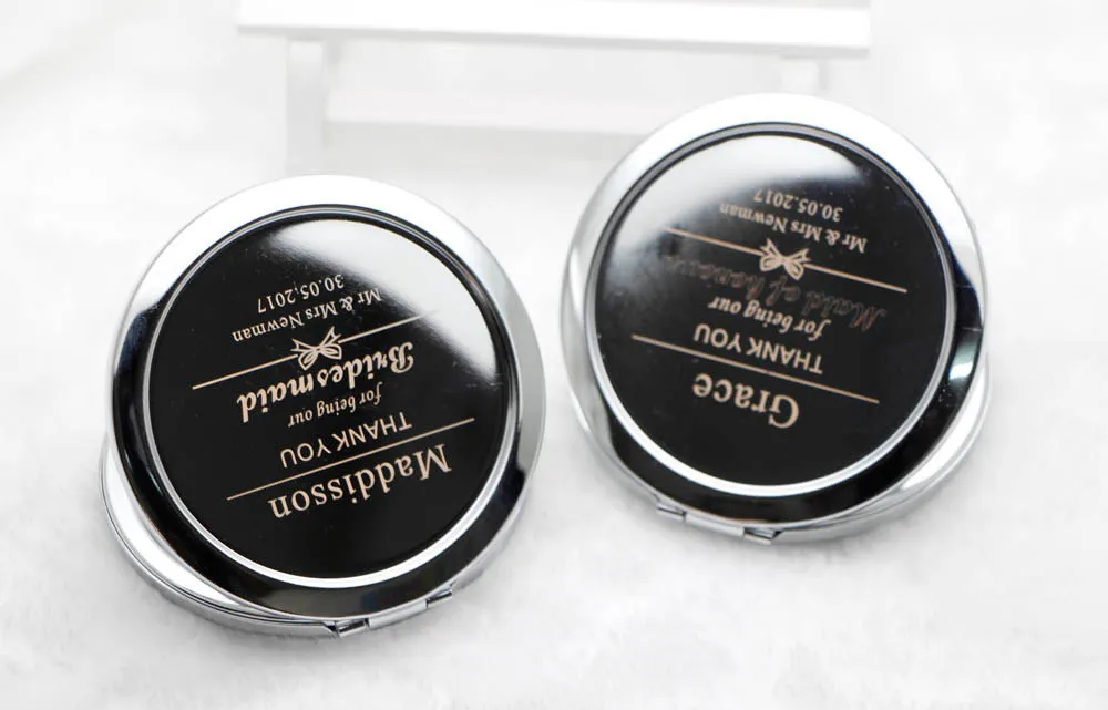 Espelhos compactos personalizados Costume Gravado Prata Metal Maquiagem de Maquiagem Cosmética Caso Casamento Favores Favoritos Presente Frete Grátis