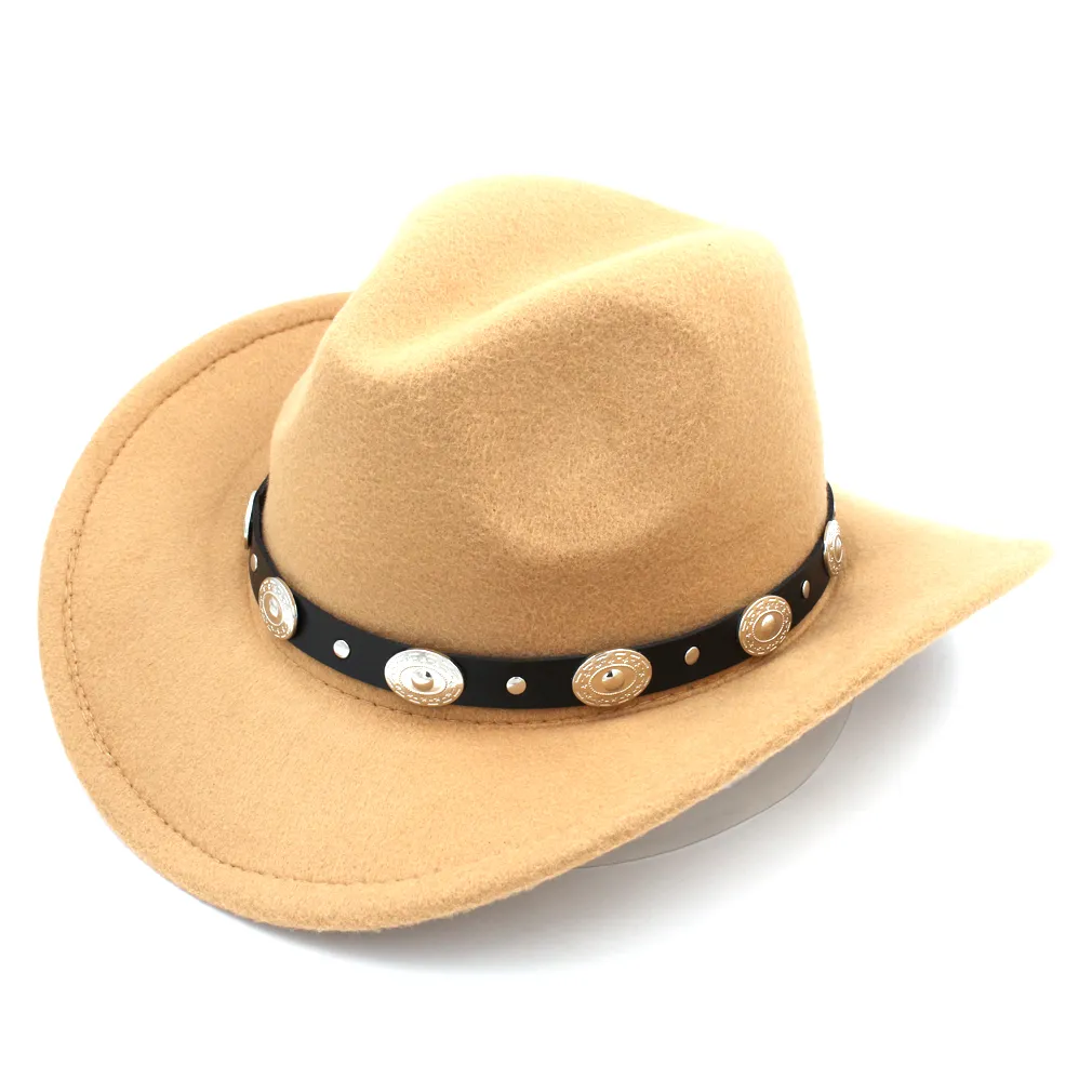 Damesmode Western Cowboyhoed met oprolbare rand Vilt Cowgirl Sombrero Caps met bezaaide leren riem287l