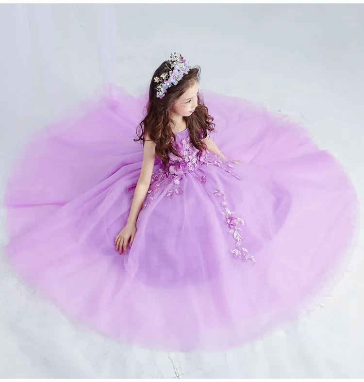 Violet Tulle Lace Flower Girl Wedding Dress Ankle Length Appliques Bead Kids Party Prom Dresses First Communion Dresses