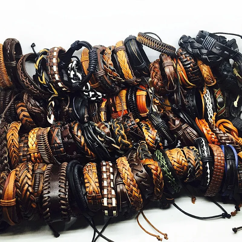 Hele 100 stuks veel mix stijlen handgemaakte zwart bruin heren vintage lederen surfer sieraden manchet bracelets268M