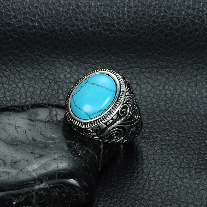 Mens Turquoise crack stone Rings vintage Retro Stainless steel Natural stone Carved finger Rings For Boys Fashion Punk Jewelry240J