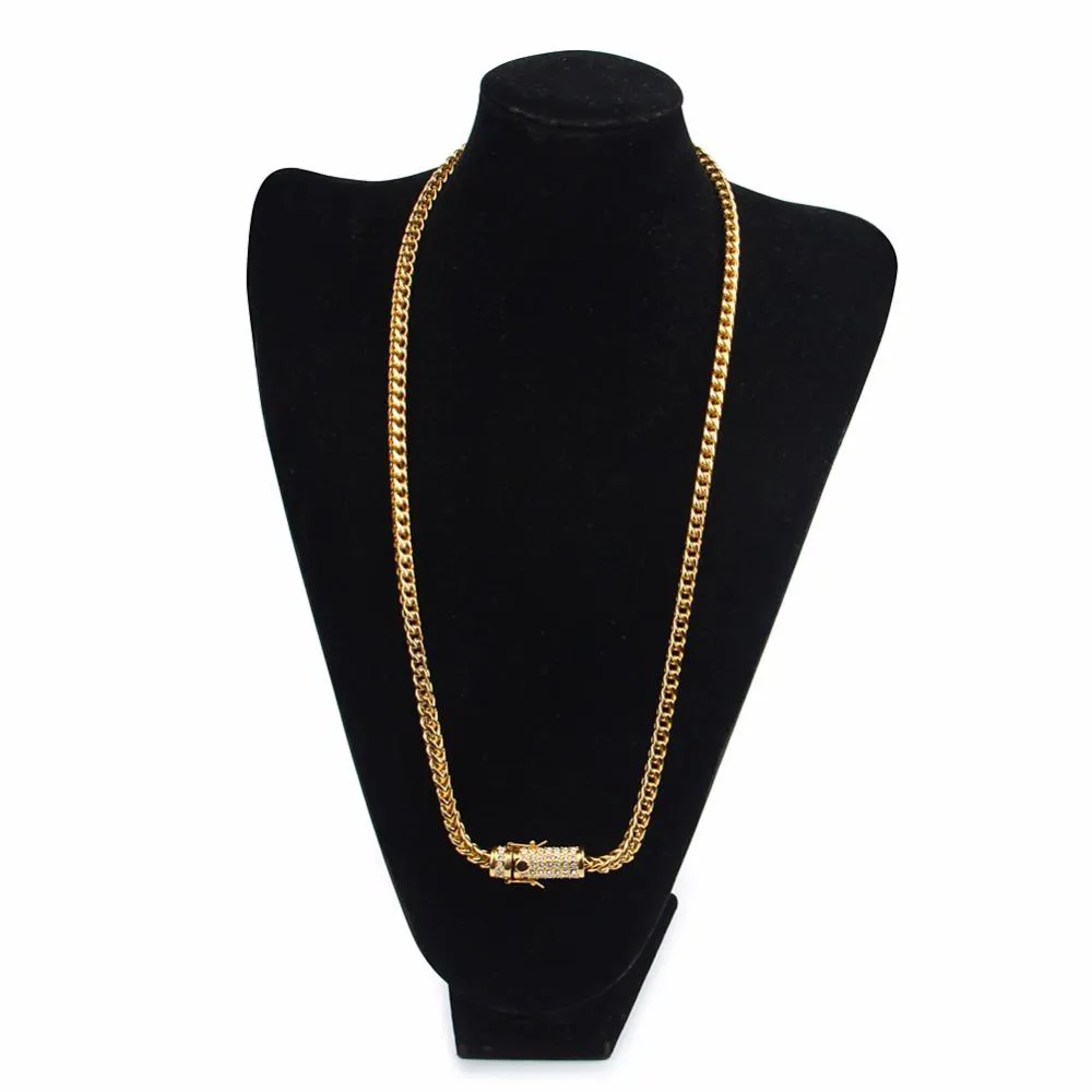 30 Herren-Hip-Hop-Halsketten, Iced Out, 6 mm Gold, Edelstahl, kubanische Box-Kettenglieder-Halskette, Strass-Verschluss, 260er Jahre