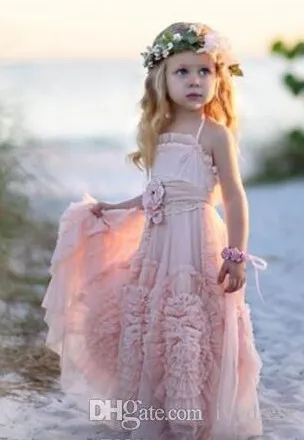 Pink A Line Flower Girls Dresses Lace Applique Ruffles Kids Formal Wear Sleeveless Long Beach Girls Pageant Gowns