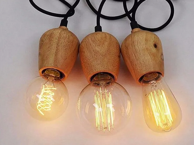 Современные подвесные светильники из дубового дерева, винтажный подвесной светильник со шнуром, подвесной светильник с черным проводом, лампа Edison E27, подвесной светильник 240O