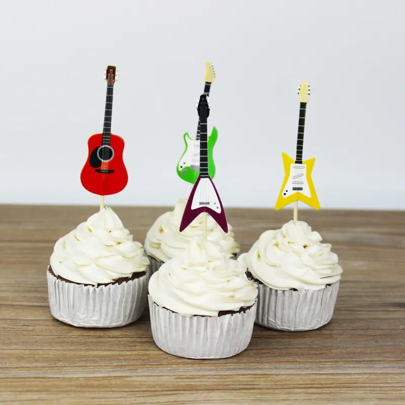 CHICCHIC 24 pezzi un set chitarra colorata 4 forme toppers cupcake decorazione torta con stuzzicadenti202N