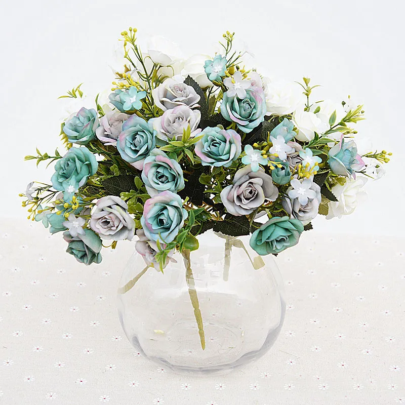 꽃다발 인공 15 헤드 진짜 라텍스 터치 장미 꽃 결혼식을위한 장식 인공 꽃 홈 디자인 꽃다발