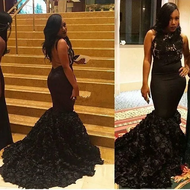 Tier Layers Ruffles Black Prom Dresses 2K17 Mermaid Halter Neck Appliques Sexy Open Back Long Train Party Evening Gowns