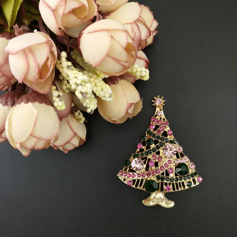 / 54mm Christmas Tree Brooch Pin Gold Tone Pink And Green Rhinestone Crystal Holiday Festival Fashion Women Jewelry Pins