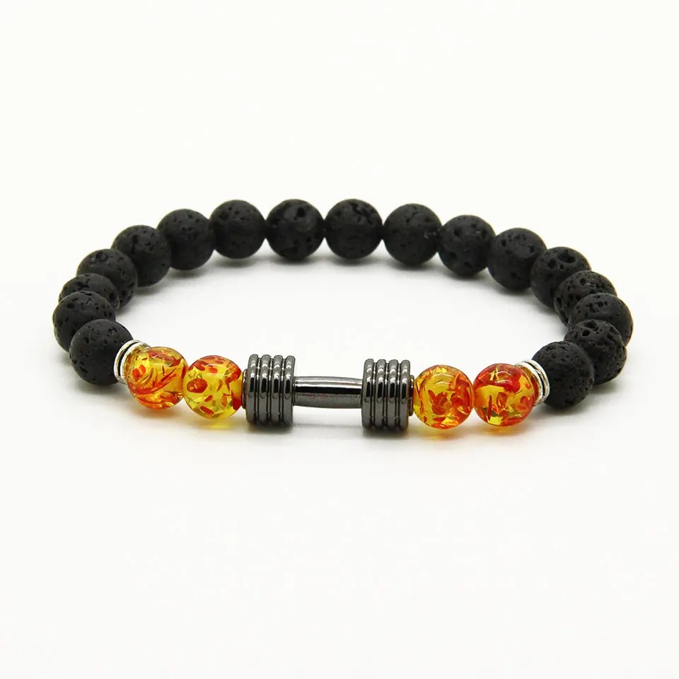 أساور الرجال كاملة التصميمات الجديدة المعدنية الجديدة Barbell 8mm Amber Beads Lava Rock Stone Faction Bracelets 270y