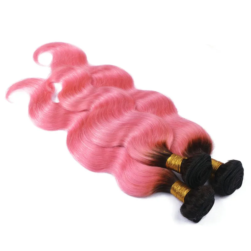 Девственница бразильский розовый Ombre человеческие волосы плетет волна тела 3шт темный корень 1b / розовый 2tone Ombre девственница Реми человеческие волосы пучки тела волнистые