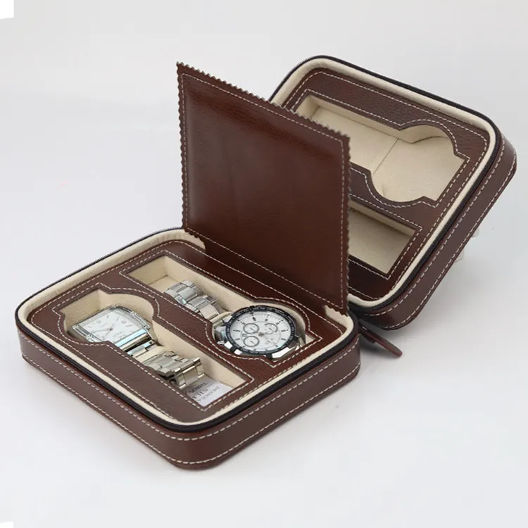 Luxo marrom com zíper esporte armazenamento relógio 4 caso organizador relógio de couro caso viagem para quatro relógios forro veludo inteiro boxe283f