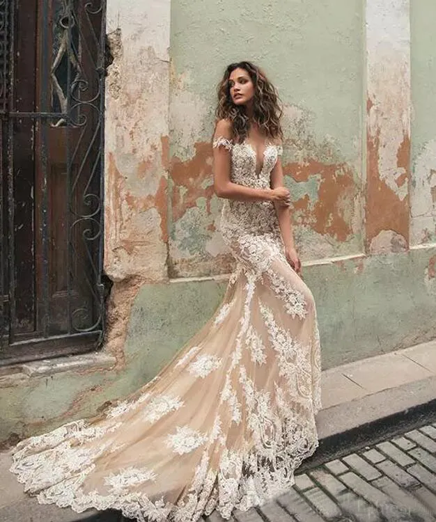 Gorgeous 2019 Berta Mermaid Wedding Dresses Champagne Tulle Ivory Lace Appliqued Sexy Beach Bridal Gowns Custom Made China EN111511