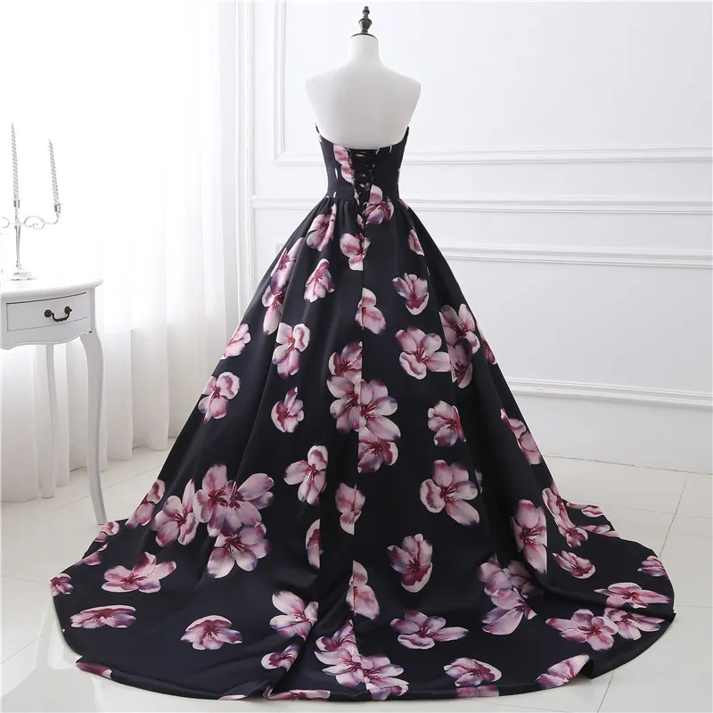 In Stock New Printed Flowers Prom Dress Ball Gowns Long Quinceanera Dress Sweetheart Floor Length Black Party Dresses