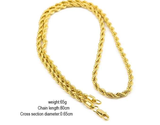 Catena di canapa da uomo Hip Hop 6 5mm CATENA DI CORDA HIPHOP Collana con bracciale placcato oro argento 14K Set342m