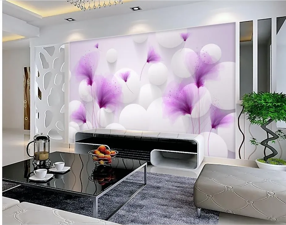 Custom any size Purple flowers romantic lilies transparent ball beautiful 3D background wall