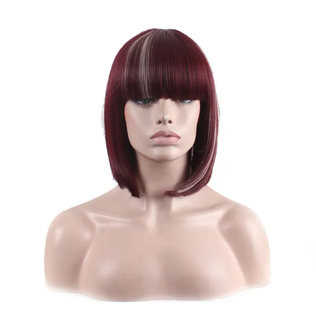 WoodFestival short straight synthetic wig burgundy bob wigs with bangs shoulder-length full heat resistant fiber wig women top quality