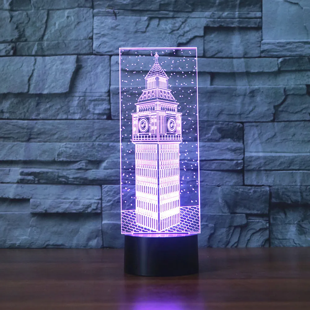 Lâmpada de mesa Big Ben 3D Presente de acrílico Night Light LED Iluminação Móveis decorativos coloridos 7 Alteração de cor Acessórios domésticos de casa216s