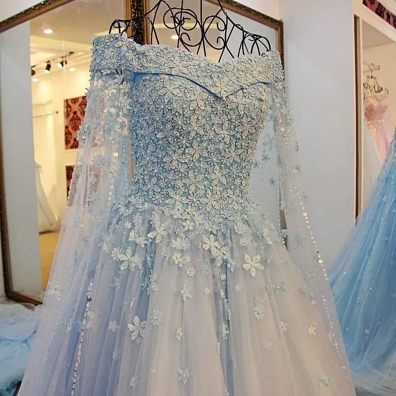 Off The Shouler Sky Blue Bohemian Wedding Dress Lace Colorful Flowers Princess Plus Size China Bridal Dresses Robe de Mariage