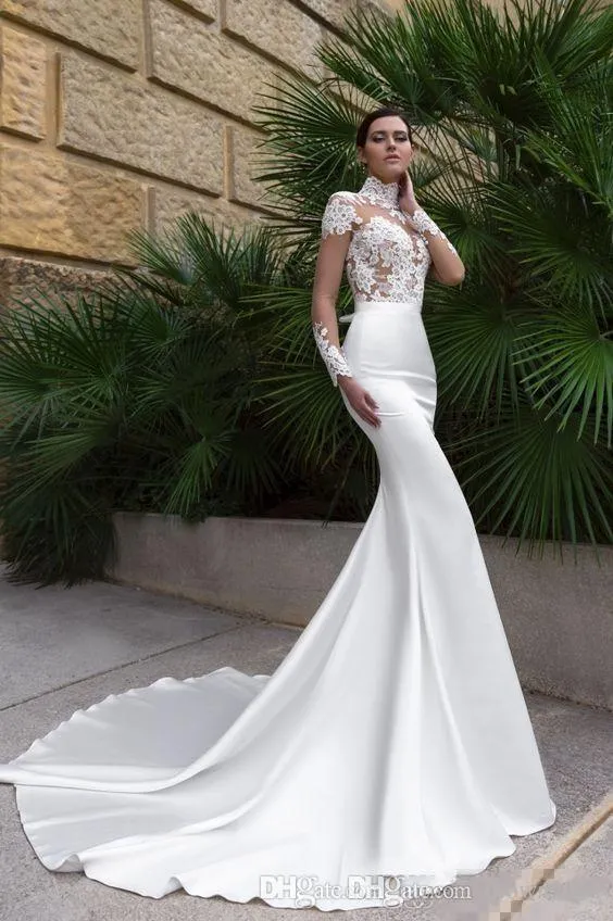 New Arrival Mermaid Wedding Dresses 2017 High Neck Sheer Long Sleeves Lace Appliques Satin See Through Beach Garden Bridal Gown Cheap