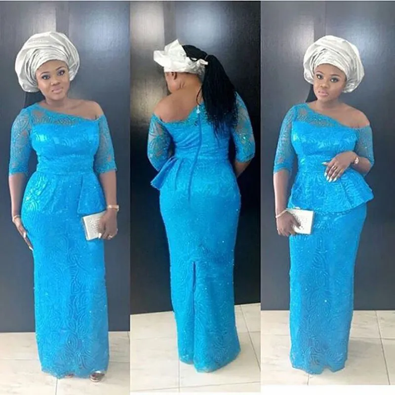 Sky Blue Aso Ebi Evening Dresses One Shoulder Half Sleeves Prom Dresses Back Zipper Floor-Length Lace Sheath Plus Size Custom Party Gowns