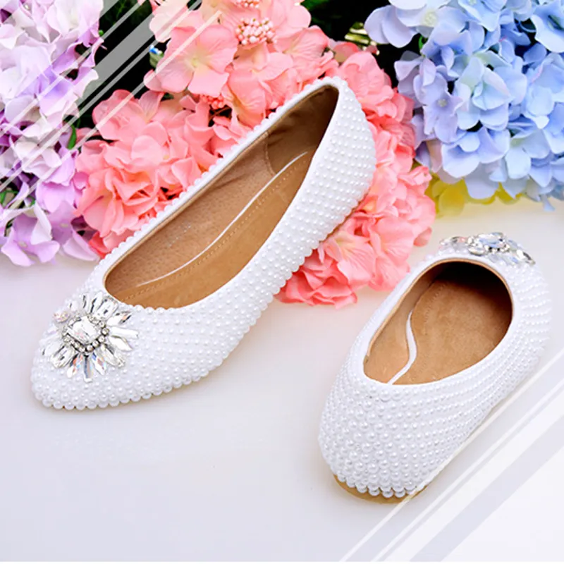 Białe płaskie buty w płaskiej perłowej buty ślubne Wygodne buty druhny Bride Sukienka Formalna sukienka Flats Party Prom Buty 3111