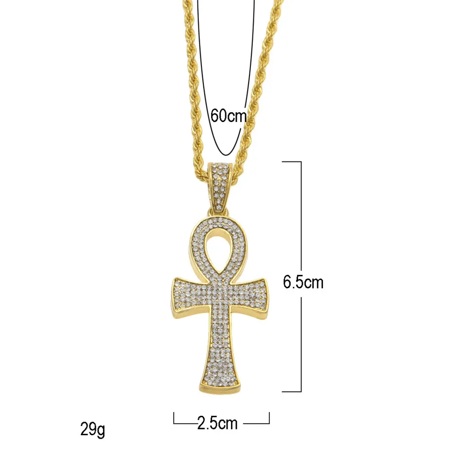 Egyptian Ankh Key of Life Gold Silver Cross Pendant Necklace Chain Bling Full Rhinestone Crystal Cross Pendant Punk Jewelry2491