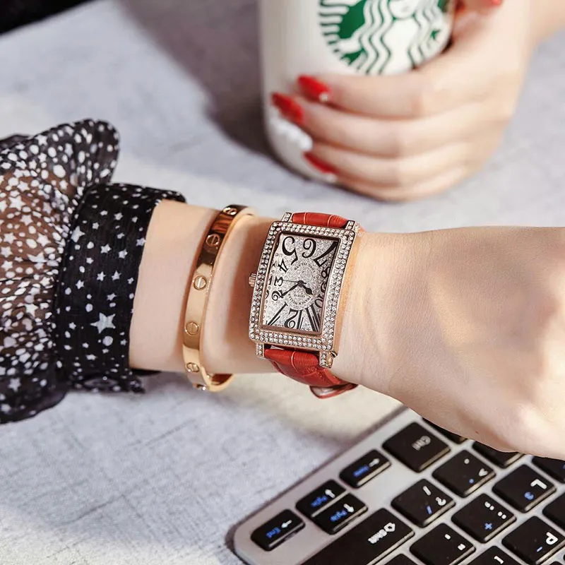 Diamant de luxe dames montre Fashopn femmes montres moderne strass rectangle cadran bracelet en cuir montre-bracelet à quartz pour les filles dame 266e